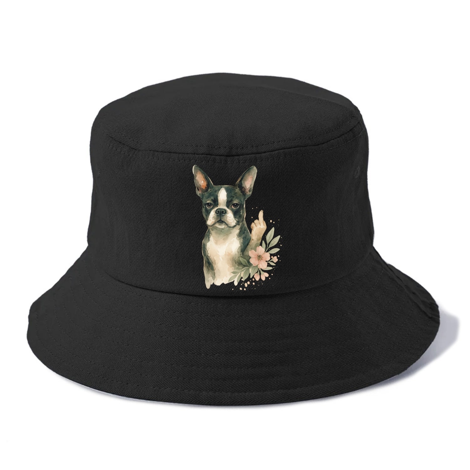 Boston Terrier with tuxedo markings, perky ears, paw up giving sass - Bucket Hat - Black