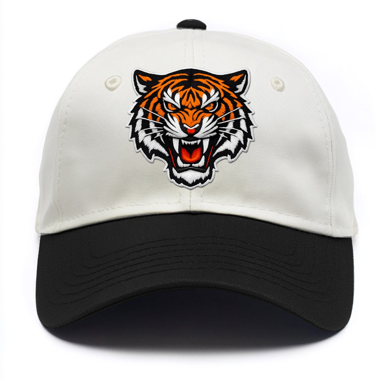 TIGER STRIPES FACE - fierce tiger face in orange, black and white , predator power - Two Tone Cap - Black