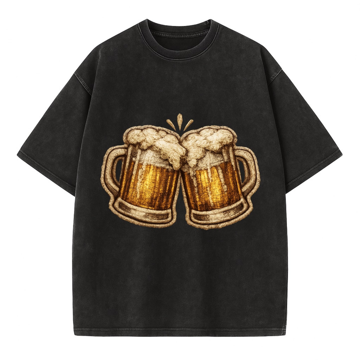 BEER MUG CHEERS - frosty beer stein in gold and amber , brewery - Vintage T-shirt - Black