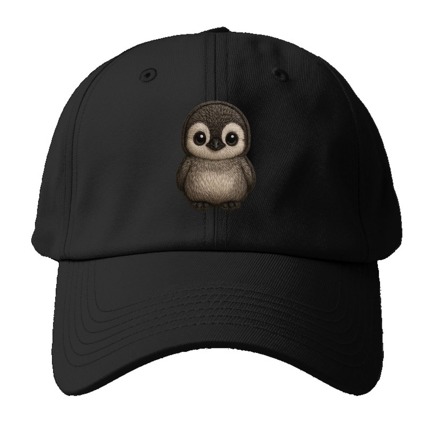 Baby Penguin Chick - gray fluffy, white face, round body, front-facing, tuxedo baby - Baseball Cap - Black