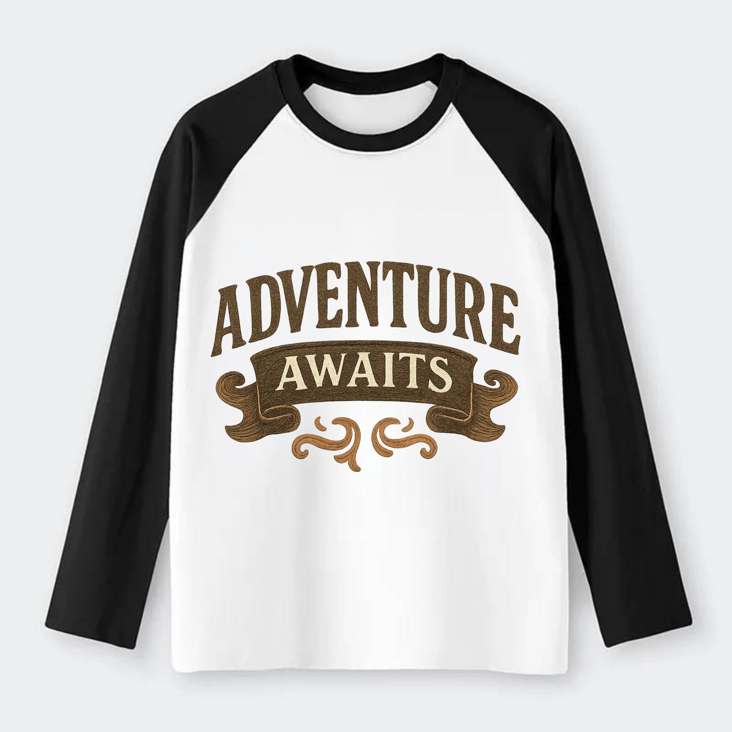 Bold typography design - "ADVENTURE AWAITS" - excitement ahead, ready - Raglan Long Sleeve T-Shirt - Black