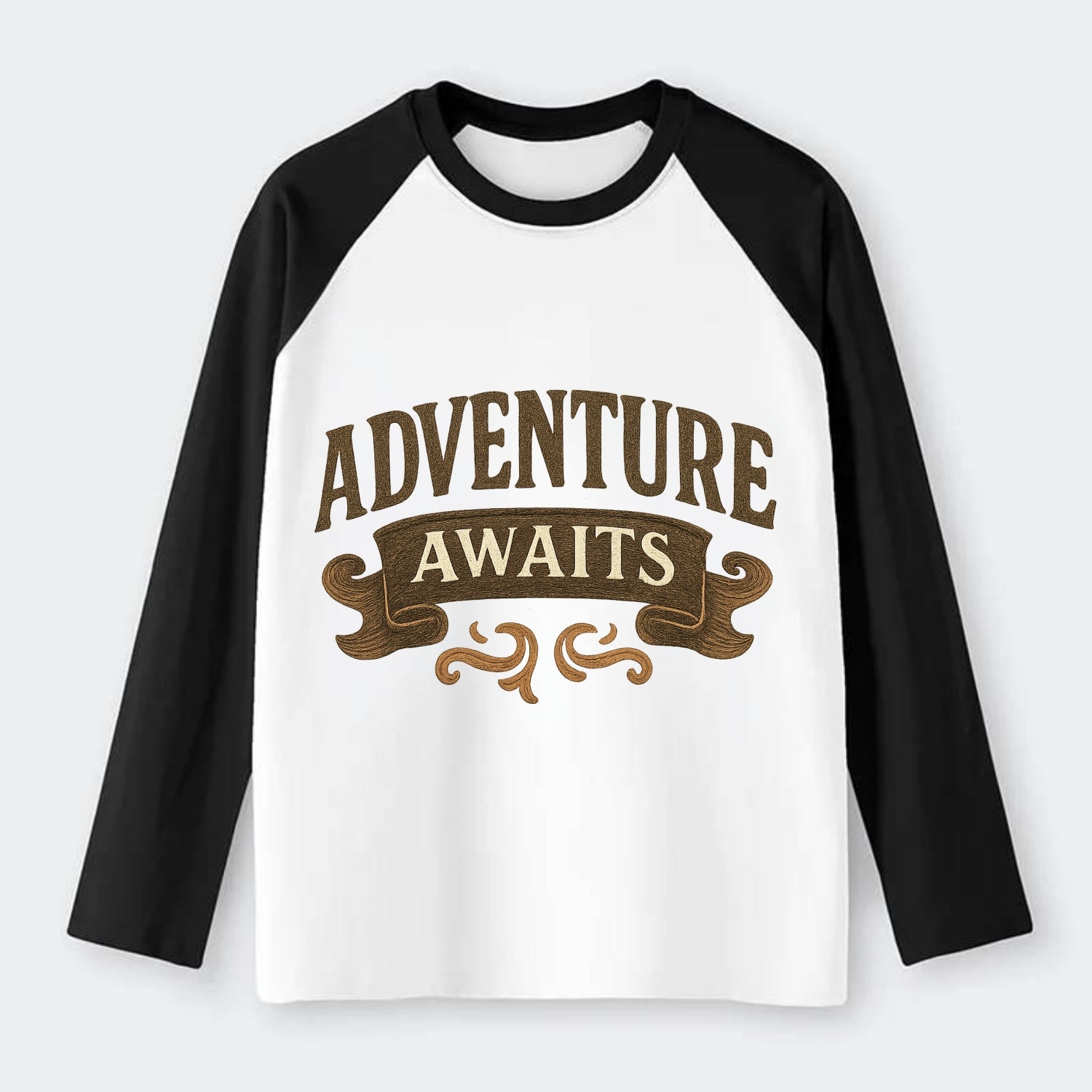 Bold typography design - "ADVENTURE AWAITS" - excitement ahead, ready - Raglan Long Sleeve T-Shirt - Black