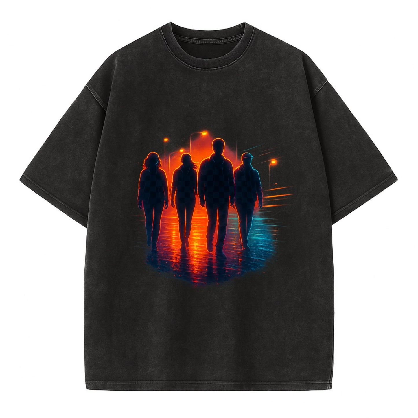 gang of silhouettes walking together at sunset by the beach - Vintage T-shirt - Black