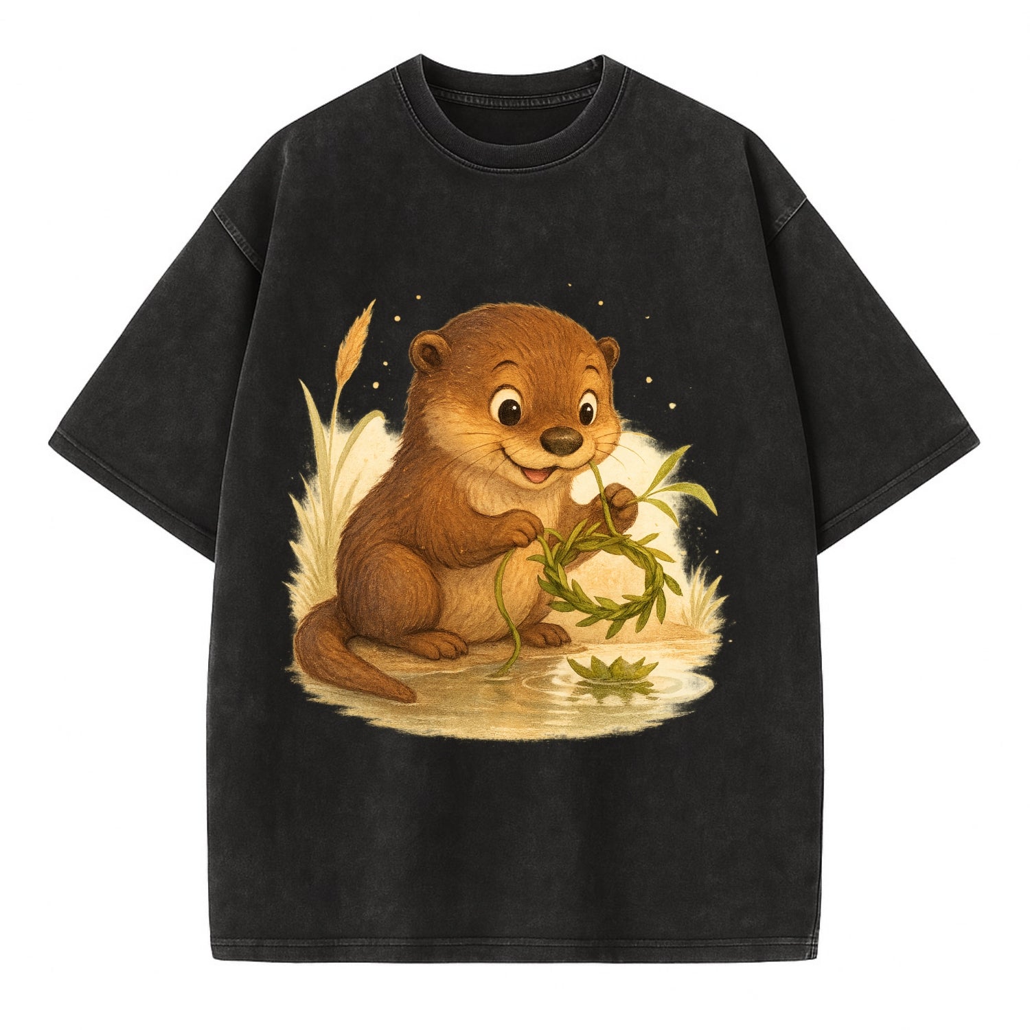 Otter weaving river reeds into a floating crown beside mirror-still water - Vintage T-shirt - Black