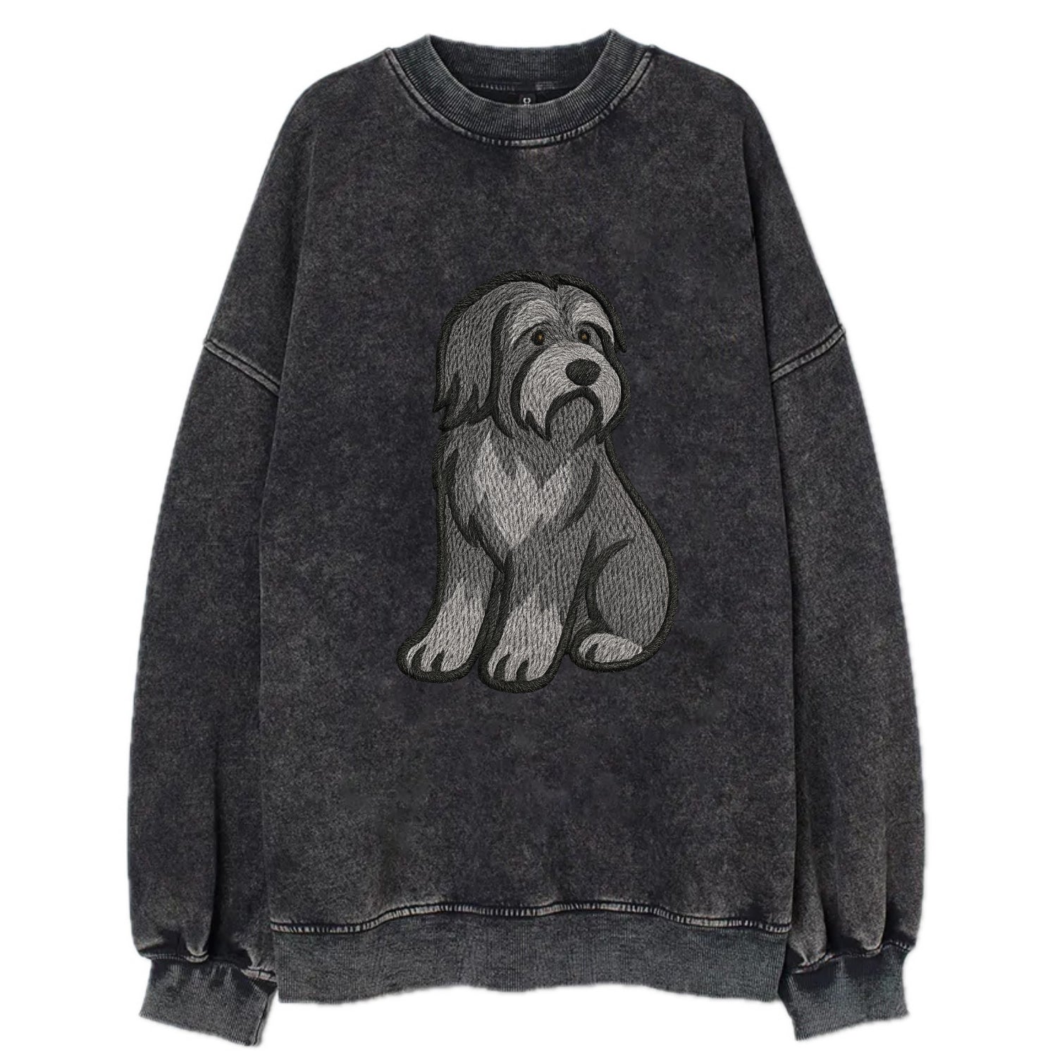 Bearded Collie - Gray shaggy coat embroidered pose - Vintage Sweatshirt - Black
