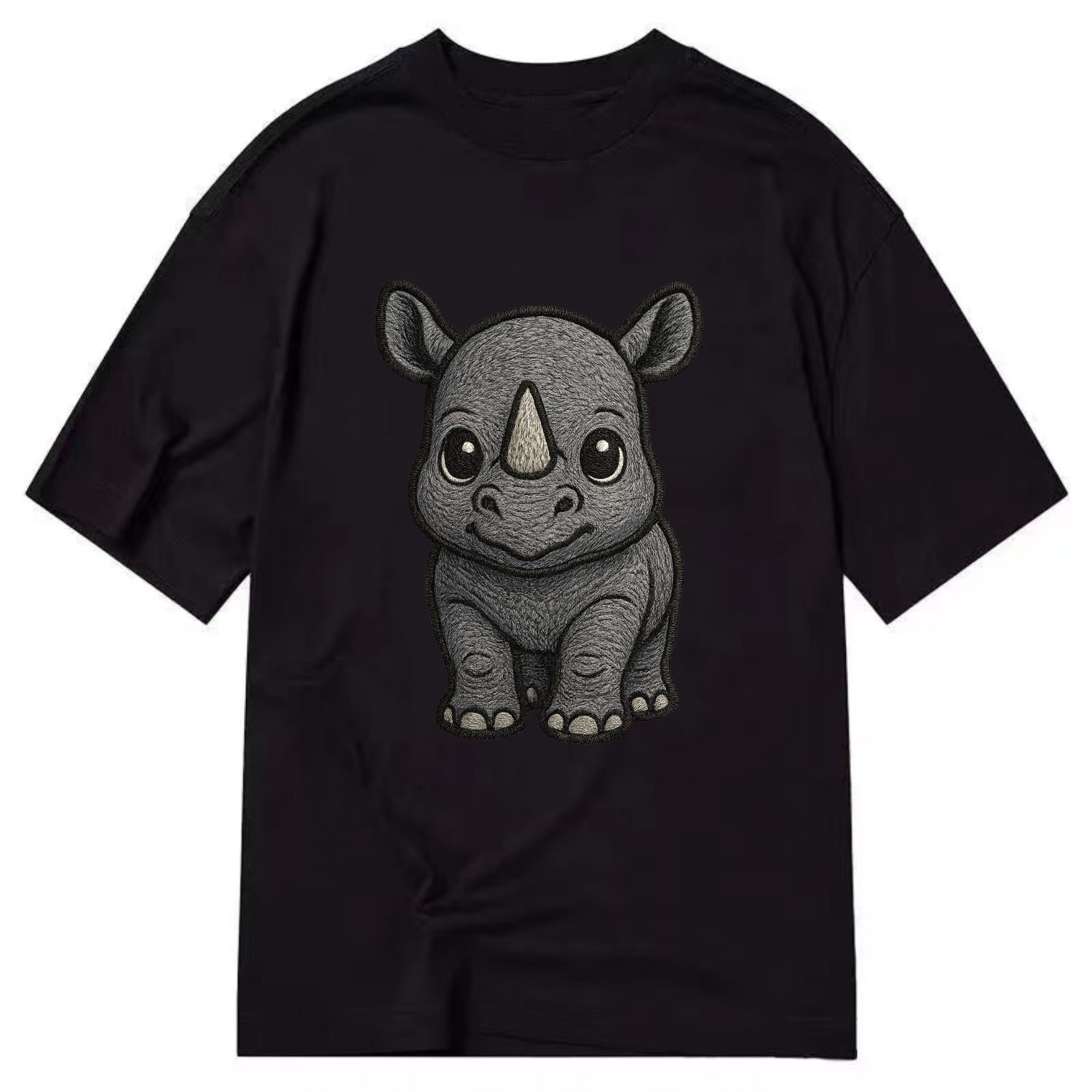 Baby Rhino - gray armor skin, tiny horn nub, round eyes, front-facing, tank baby - Classic T-shirt - Black