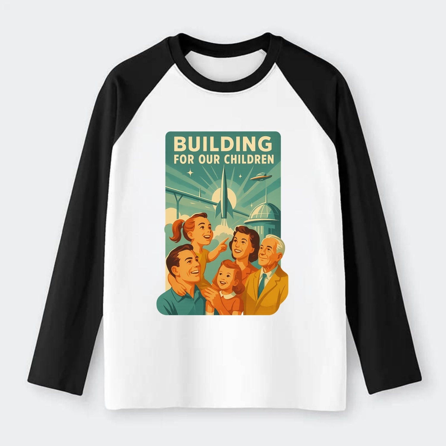 Multiple generations celebrating progress together - "Building for Our - Raglan Long Sleeve T-Shirt - Black