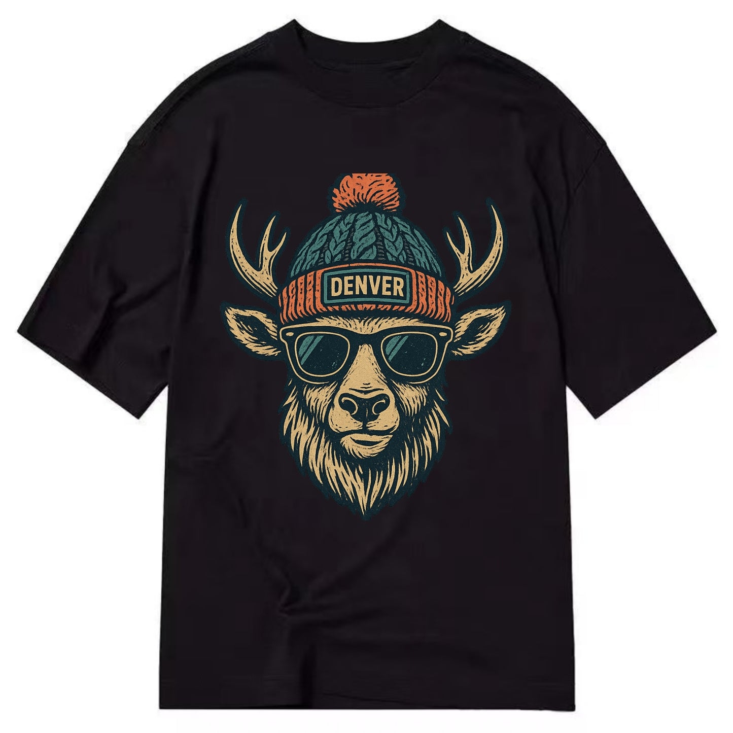 Denver Elk wearing Denver beanie with pom pom and wayfarer sunglasses - Classic T-shirt - Black