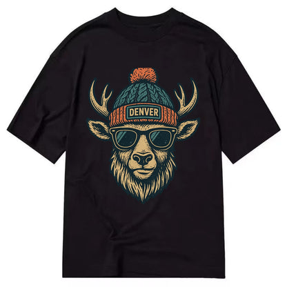 Denver Elk wearing Denver beanie with pom pom and wayfarer sunglasses - Classic T-shirt - Black