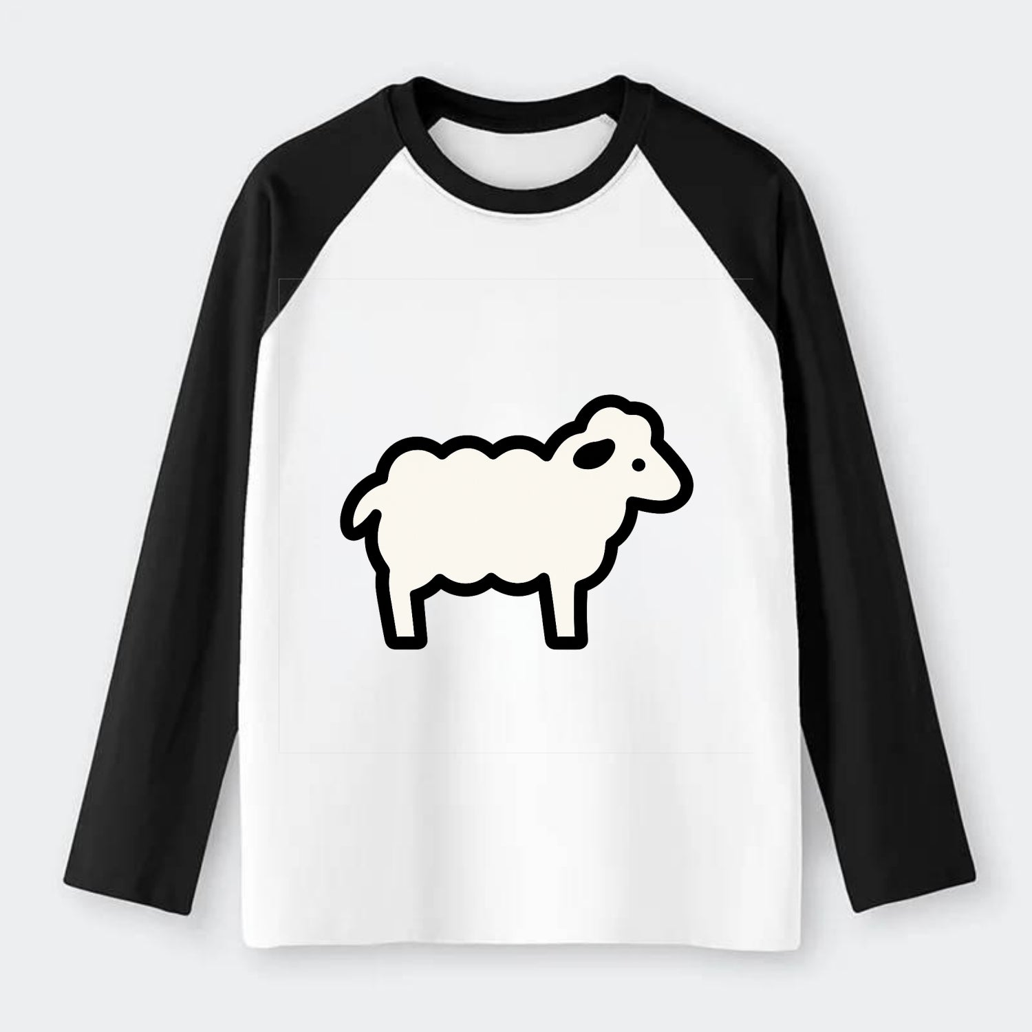 Sheep - White fluffy wool flat side profile - Raglan Long Sleeve T-Shirt - Black