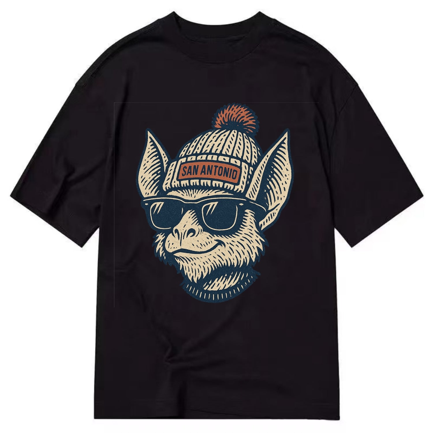 San Antonio Bat wearing San Antonio beanie with pom pom and wayfarer sunglasses - Classic T-shirt - Black