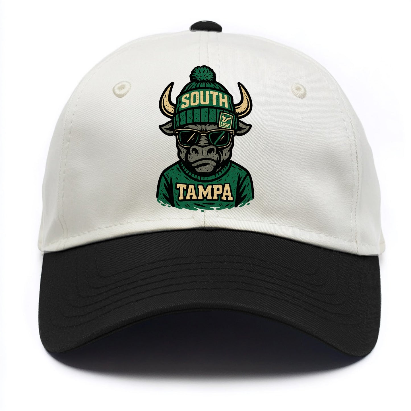 Tampa Bull wearing South Florida beanie with USF patch - Two Tone Cap - Black