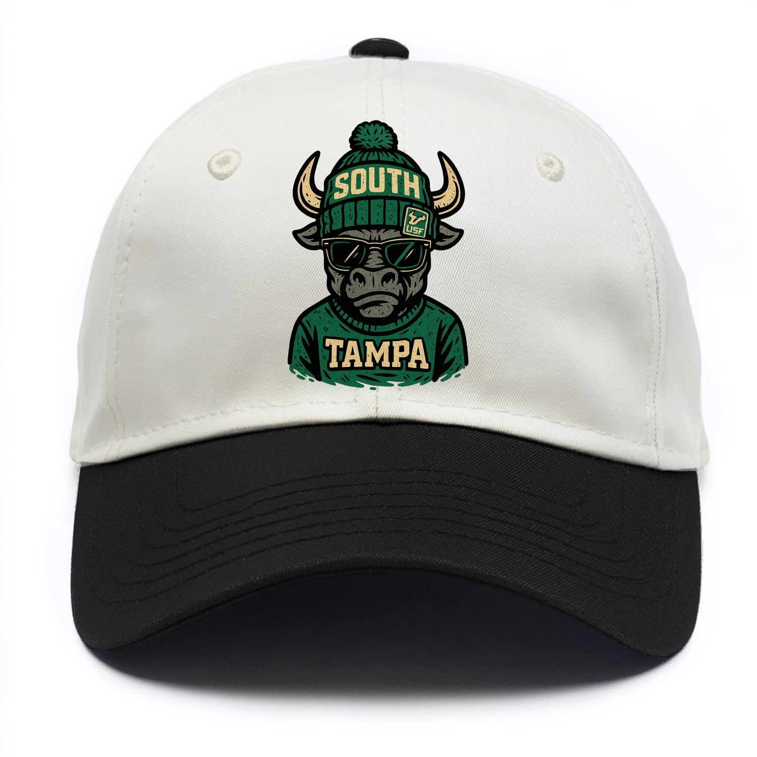 Tampa Bull wearing South Florida beanie with USF patch - Two Tone Cap - Black