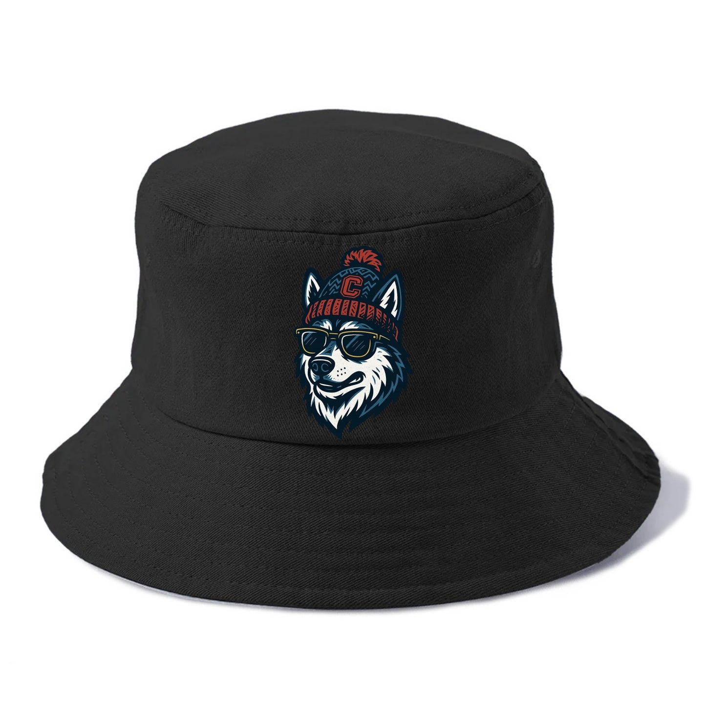 Storrs Husky wearing UConn beanie with C patch - Bucket Hat - Black
