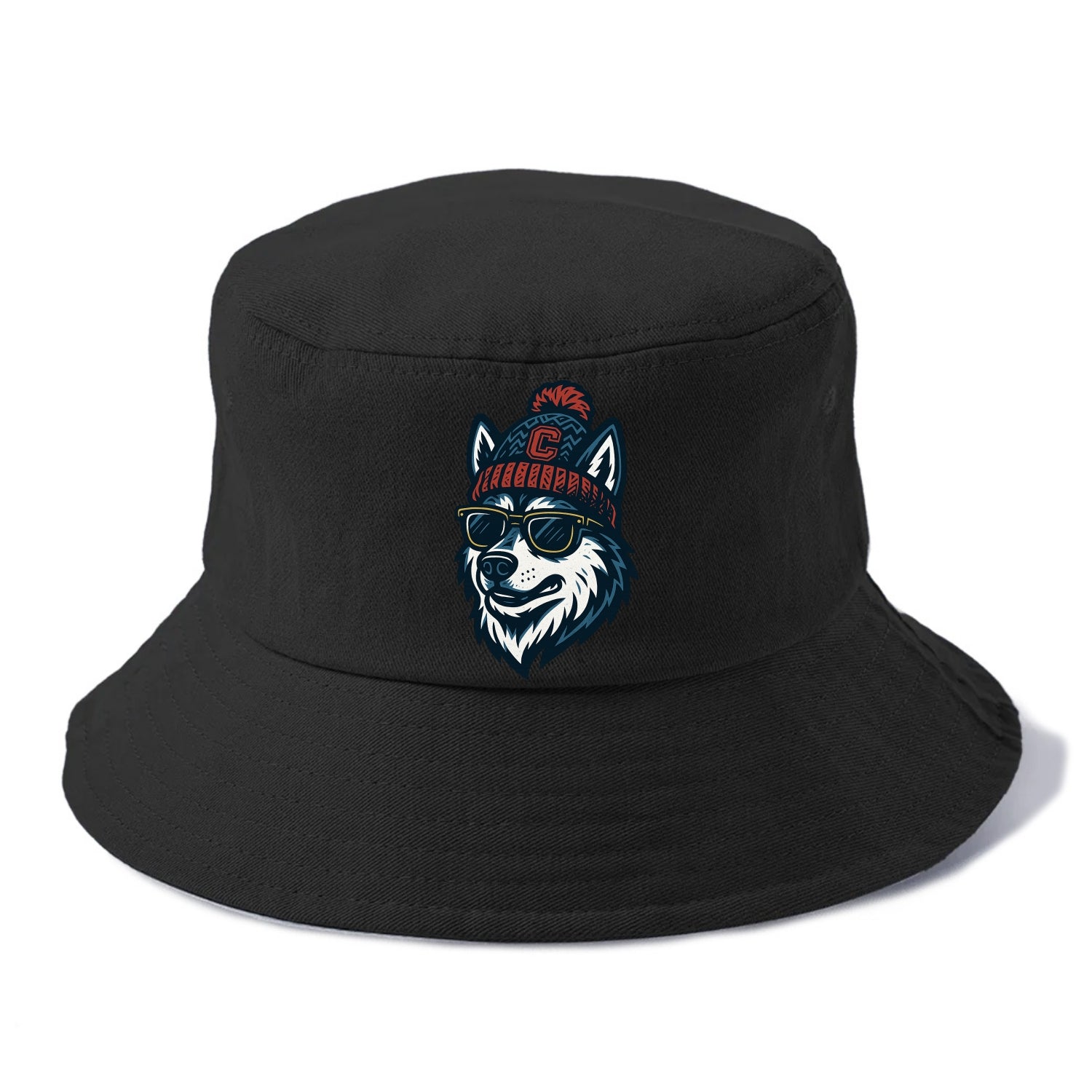Storrs Husky wearing UConn beanie with C patch - Bucket Hat - Black