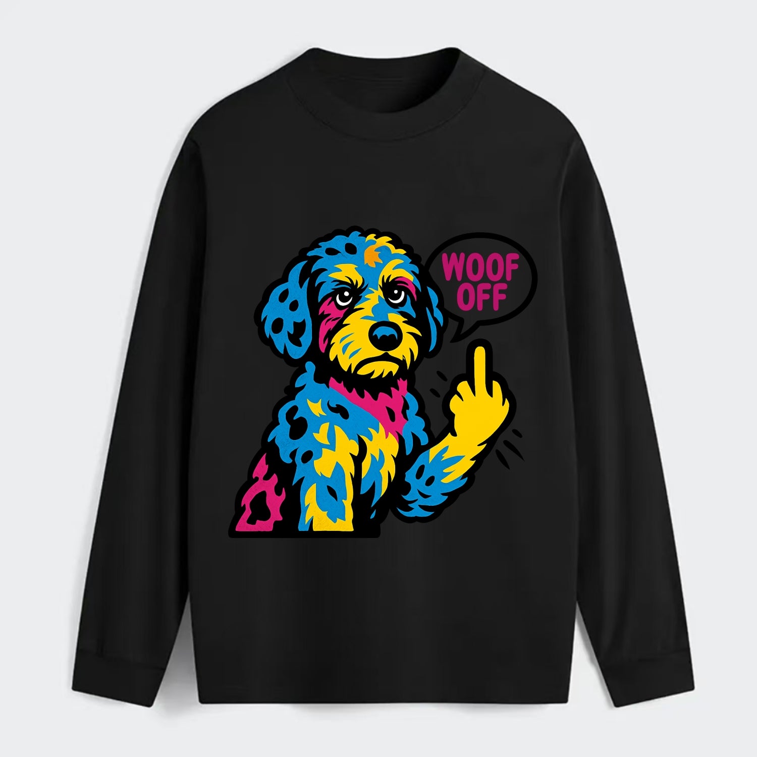 Aussiedoodle with merle patches and curly coat, playful smart paw raised - Classic Long Sleeve Shirt - Black