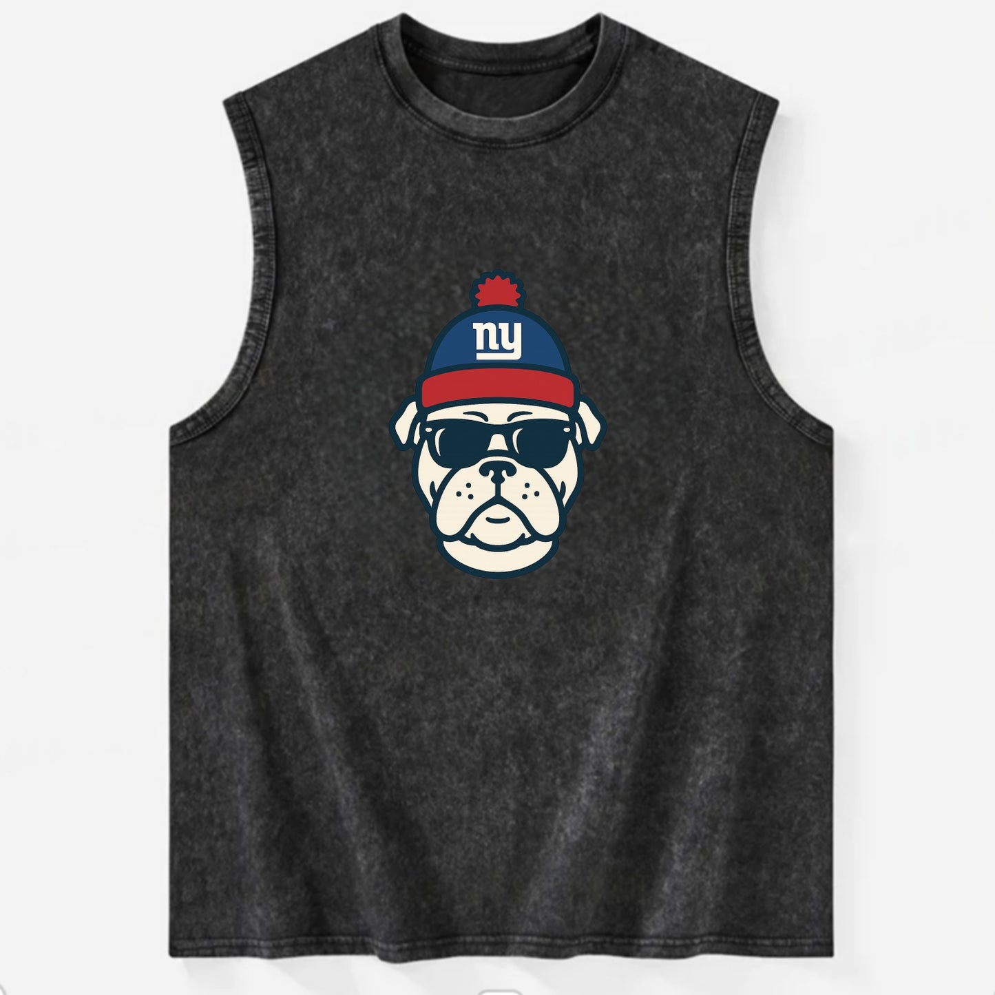 New York Bulldog wearing Giants blue and red beanie with pom pom and wayfarer - Vintage Washed Tank - Black