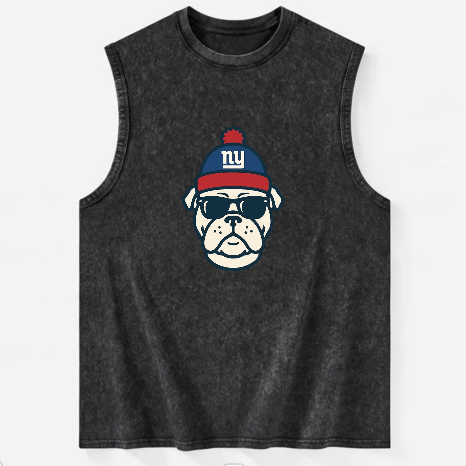 New York Bulldog wearing Giants blue and red beanie with pom pom and wayfarer - Vintage Washed Tank - Black