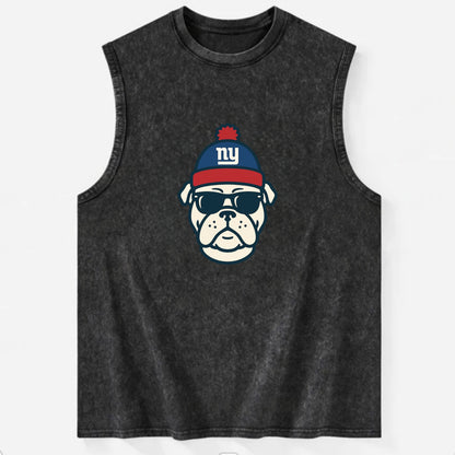 New York Bulldog wearing Giants blue and red beanie with pom pom and wayfarer - Vintage Washed Tank - Black
