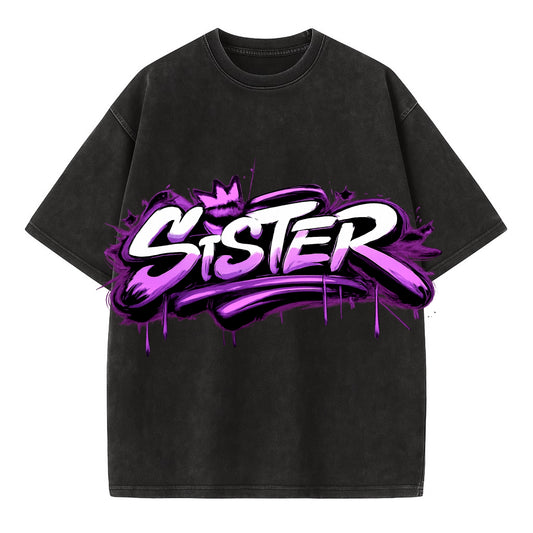Bold typography design - "SISTER" - female bond, sisterhood - Vintage T-shirt - Black