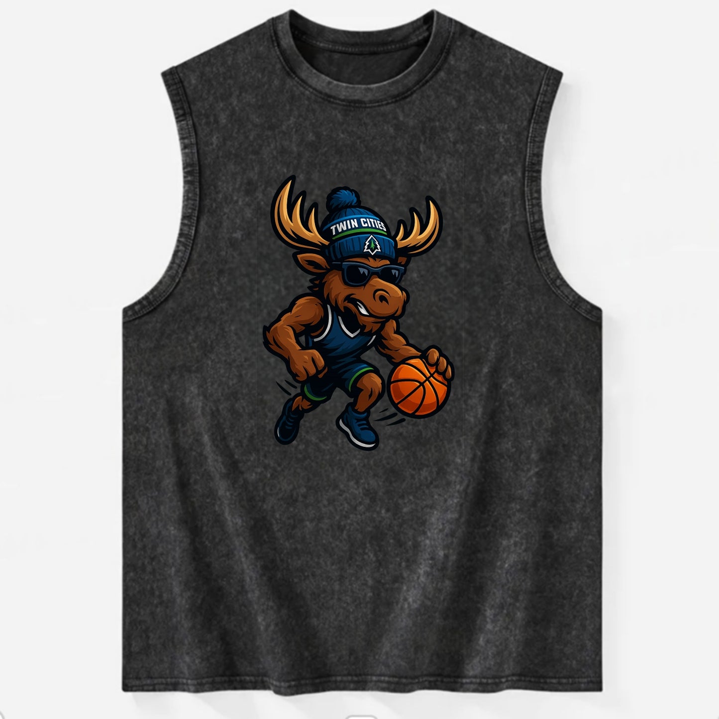 Twin Cities Moose wearing Timberwolves beanie with pine tree patch and - Vintage Washed Tank - Black
