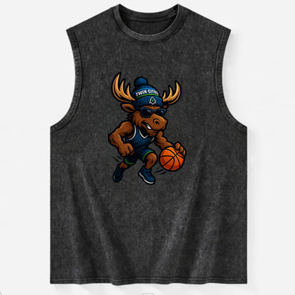 Twin Cities Moose wearing Timberwolves beanie with pine tree patch and - Vintage Washed Tank - Black