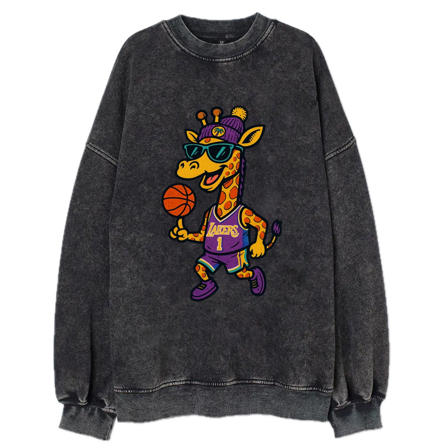 California Giraffe wearing Lakers beanie with palm tree patch and wayfarer - Vintage Sweatshirt - Black