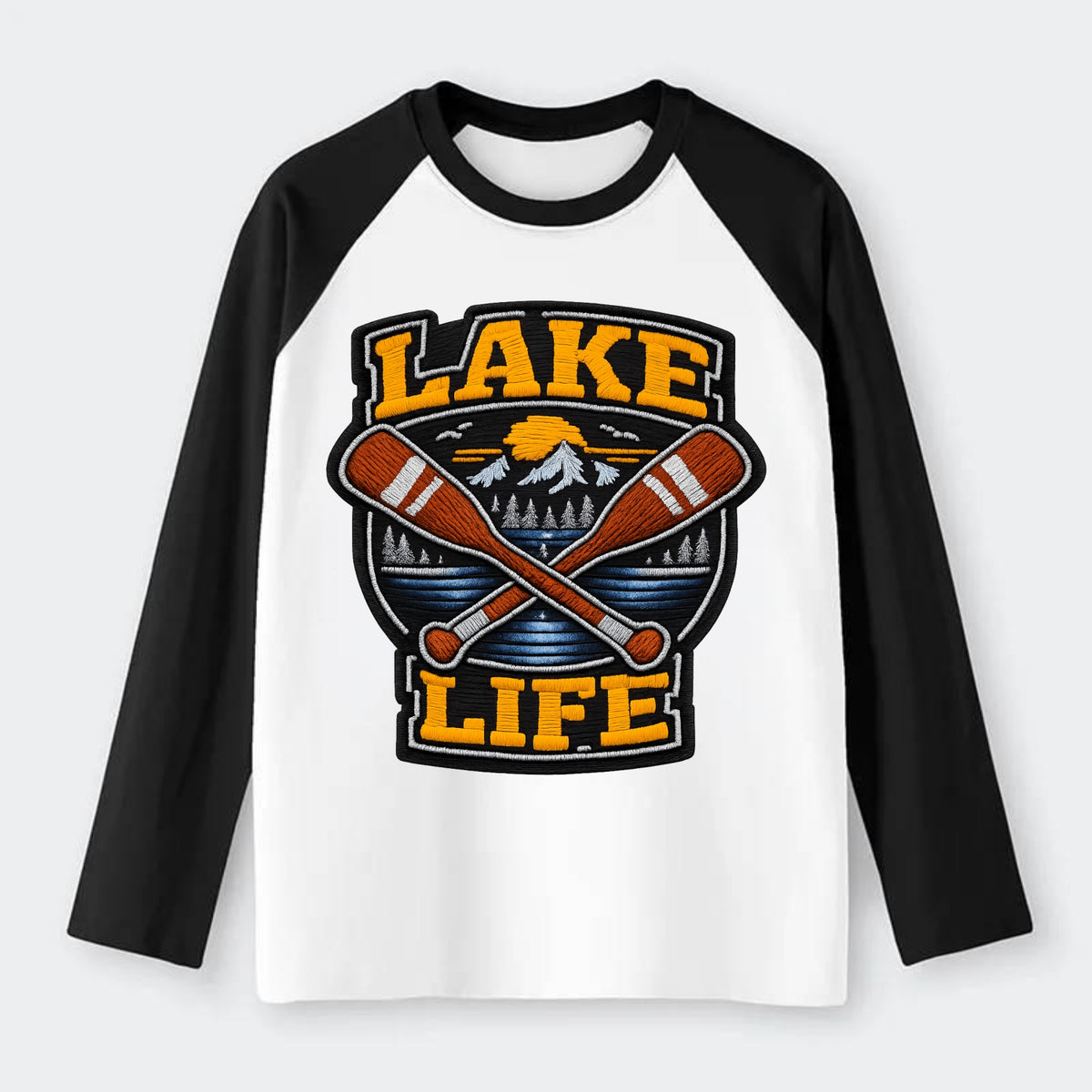 CANOE PADDLE - wooden paddle crossed in brown and cream , lake life - Raglan Long Sleeve T-Shirt - Black