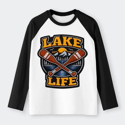 CANOE PADDLE - wooden paddle crossed in brown and cream , lake life - Raglan Long Sleeve T-Shirt - Black