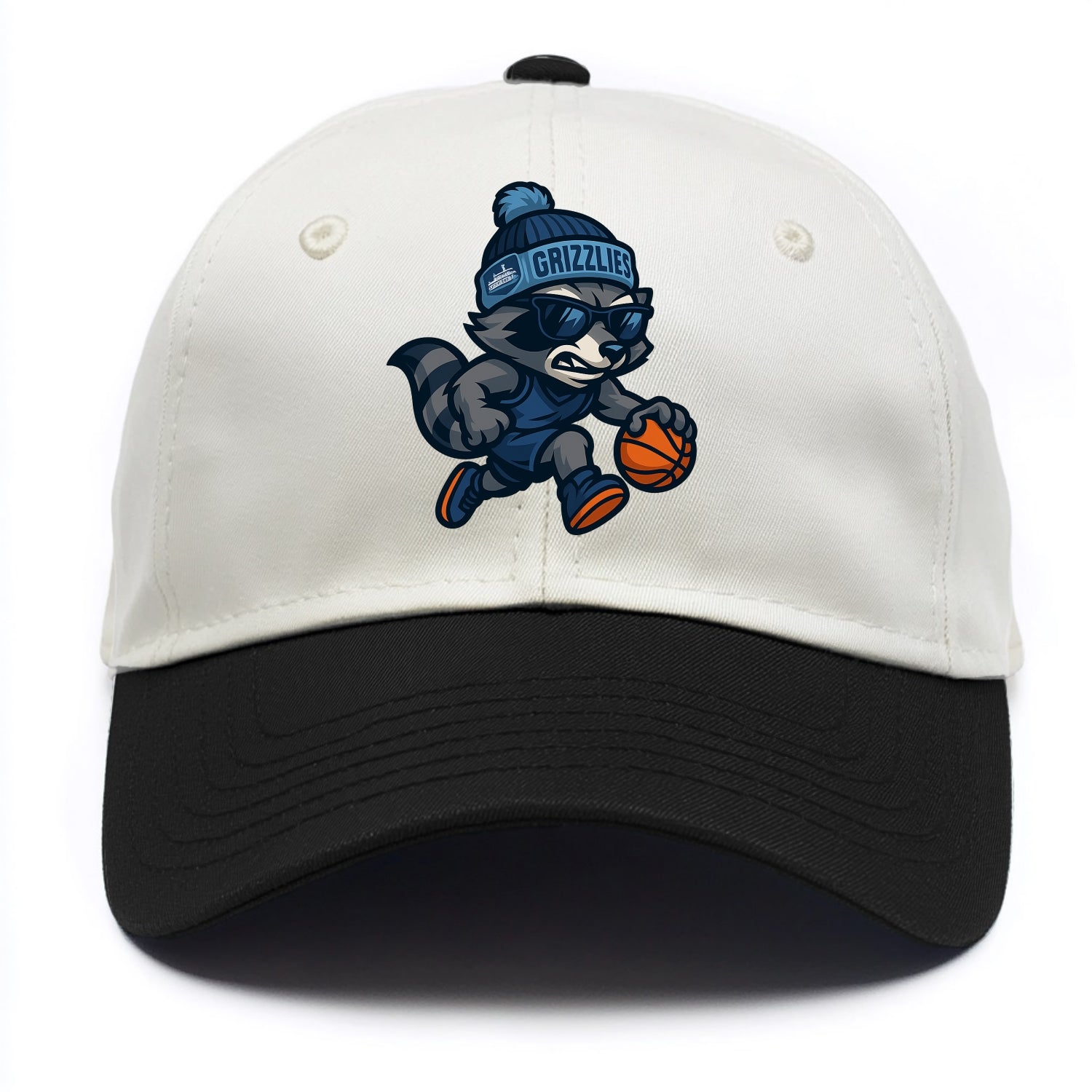 Memphis Raccoon wearing Grizzlies beanie with riverboat patch and wayfarer sunglasses - Two Tone Cap - Black