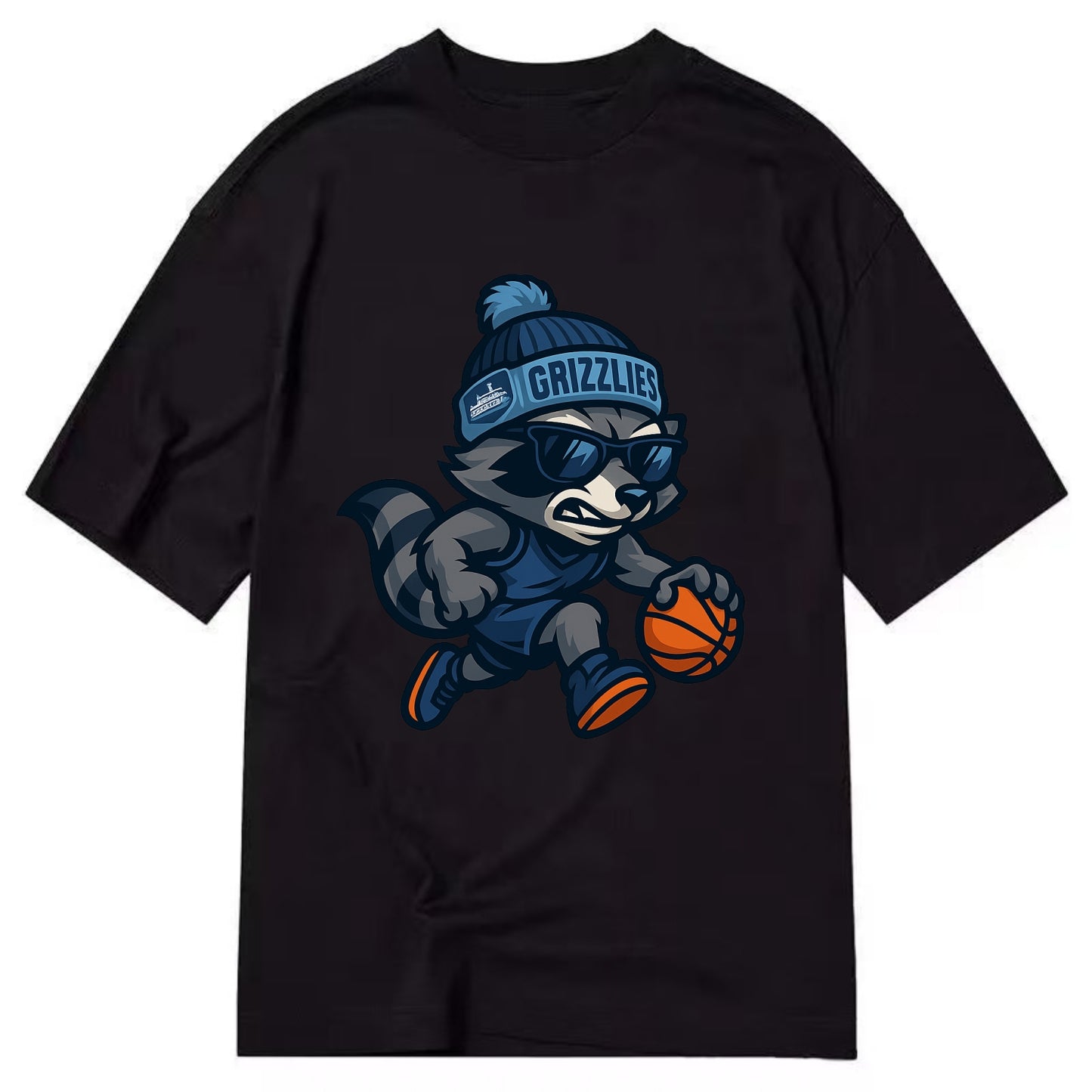 Memphis Raccoon wearing Grizzlies beanie with riverboat patch and wayfarer - Classic T-shirt - Black