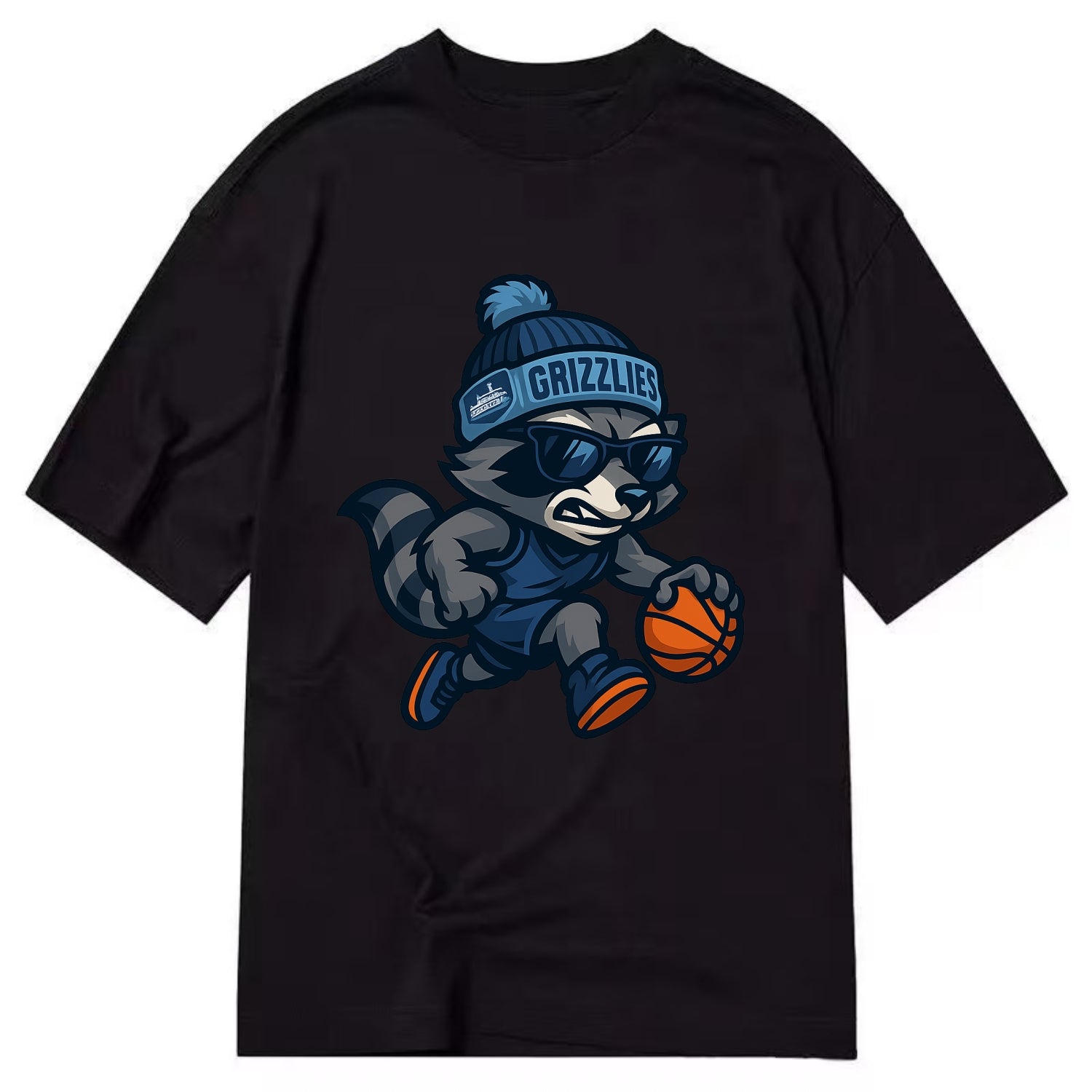 Memphis Raccoon wearing Grizzlies beanie with riverboat patch and wayfarer - Classic T-shirt - Black