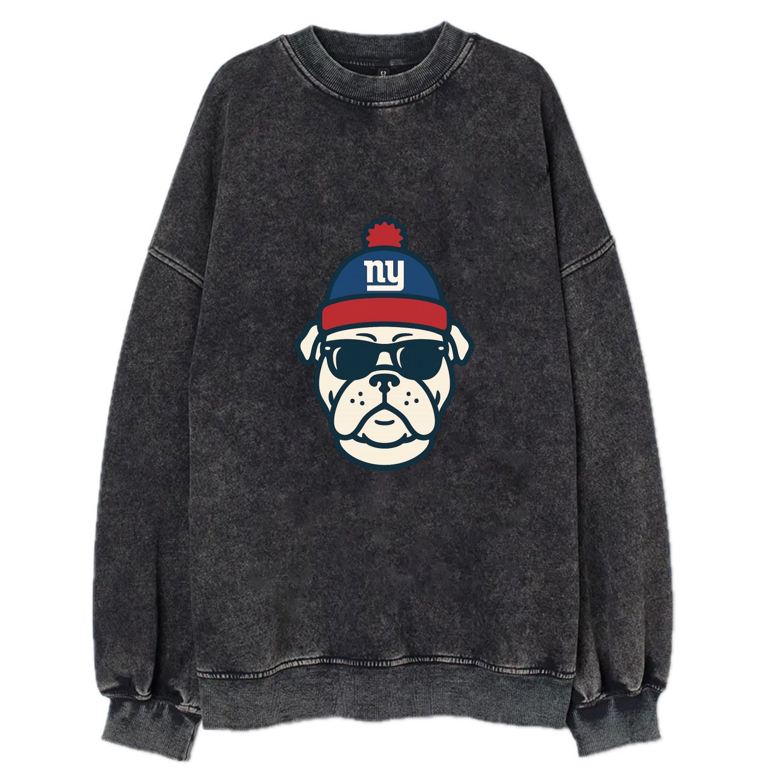 New York Bulldog wearing Giants blue and red beanie with pom pom and wayfarer - Vintage Sweatshirt - Black