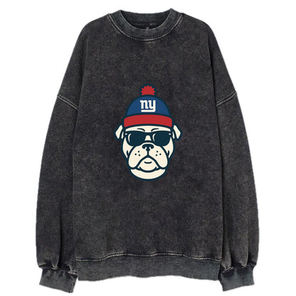 New York Bulldog wearing Giants blue and red beanie with pom pom and wayfarer - Vintage Sweatshirt - Black