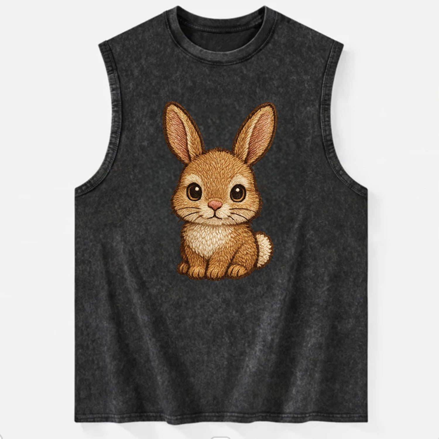 Baby Rabbit - long ears, fluffy white tail, pink nose, large brown eyes, - Vintage Washed Tank - Black