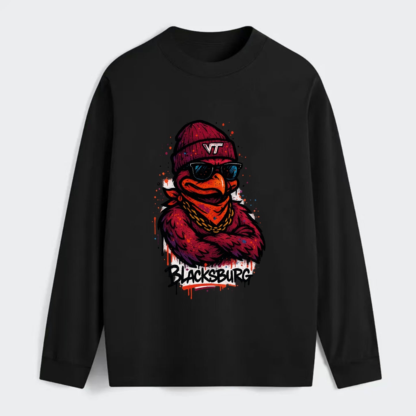 Blacksburg HokieBird wearing Virginia Tech beanie with VT patch - Classic Long Sleeve Shirt - Black