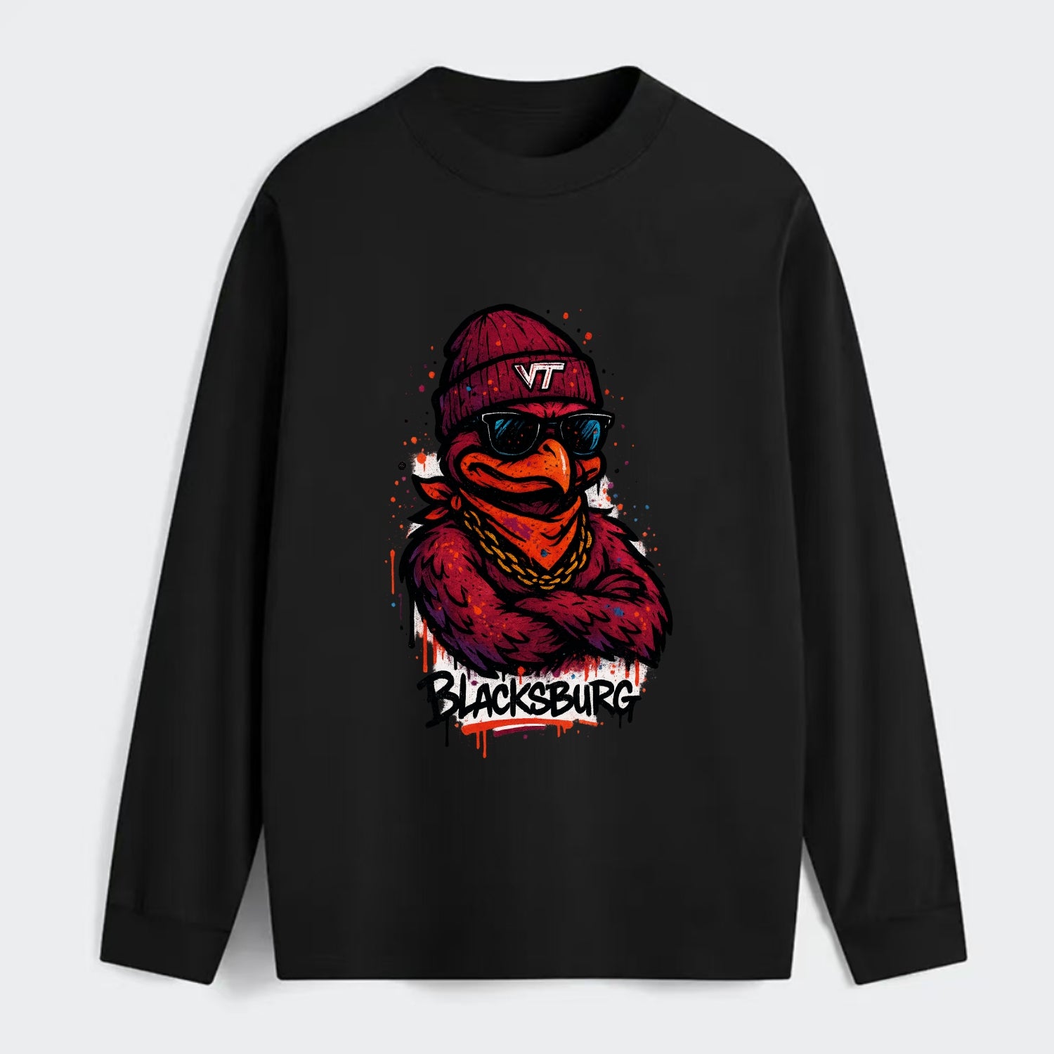 Blacksburg HokieBird wearing Virginia Tech beanie with VT patch - Classic Long Sleeve Shirt - Black