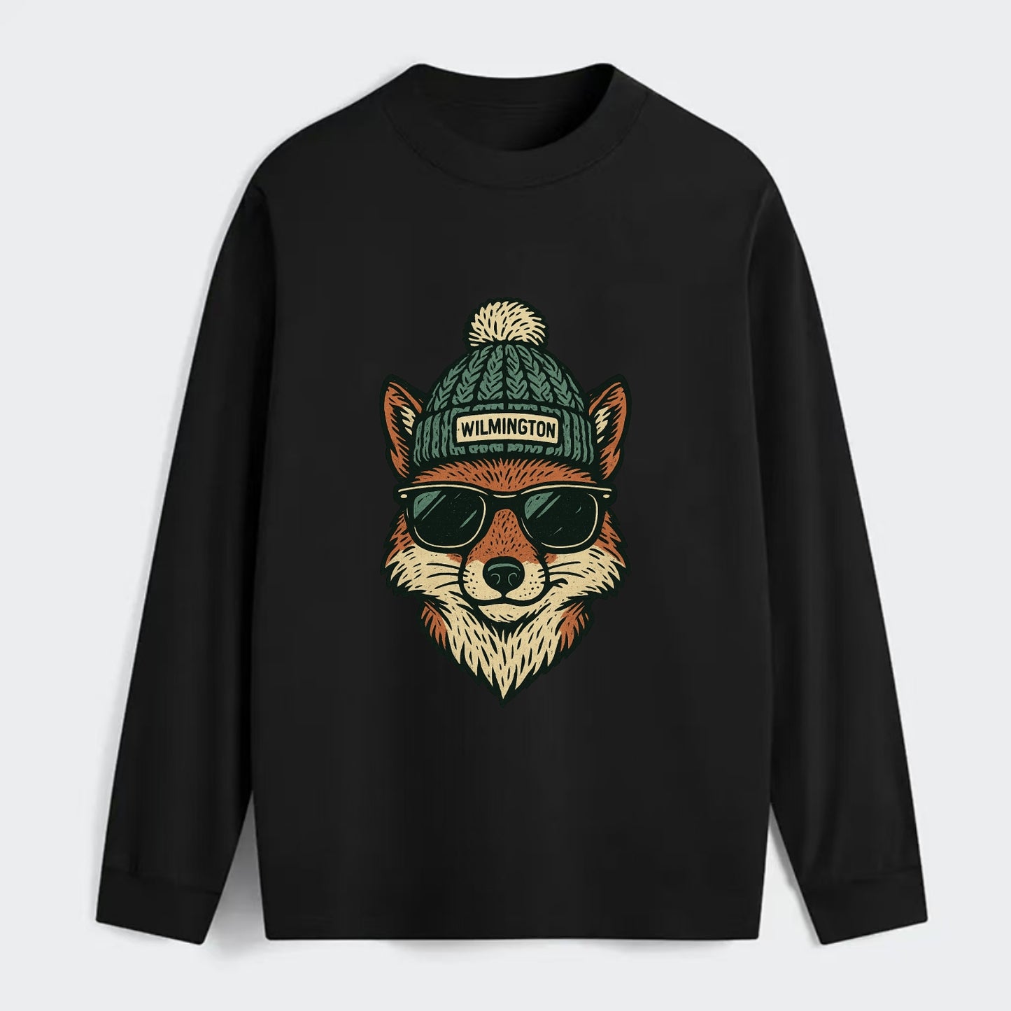 Delaware Gray Fox wearing Wilmington beanie with pom pom and wayfarer - Classic Long Sleeve Shirt - Black