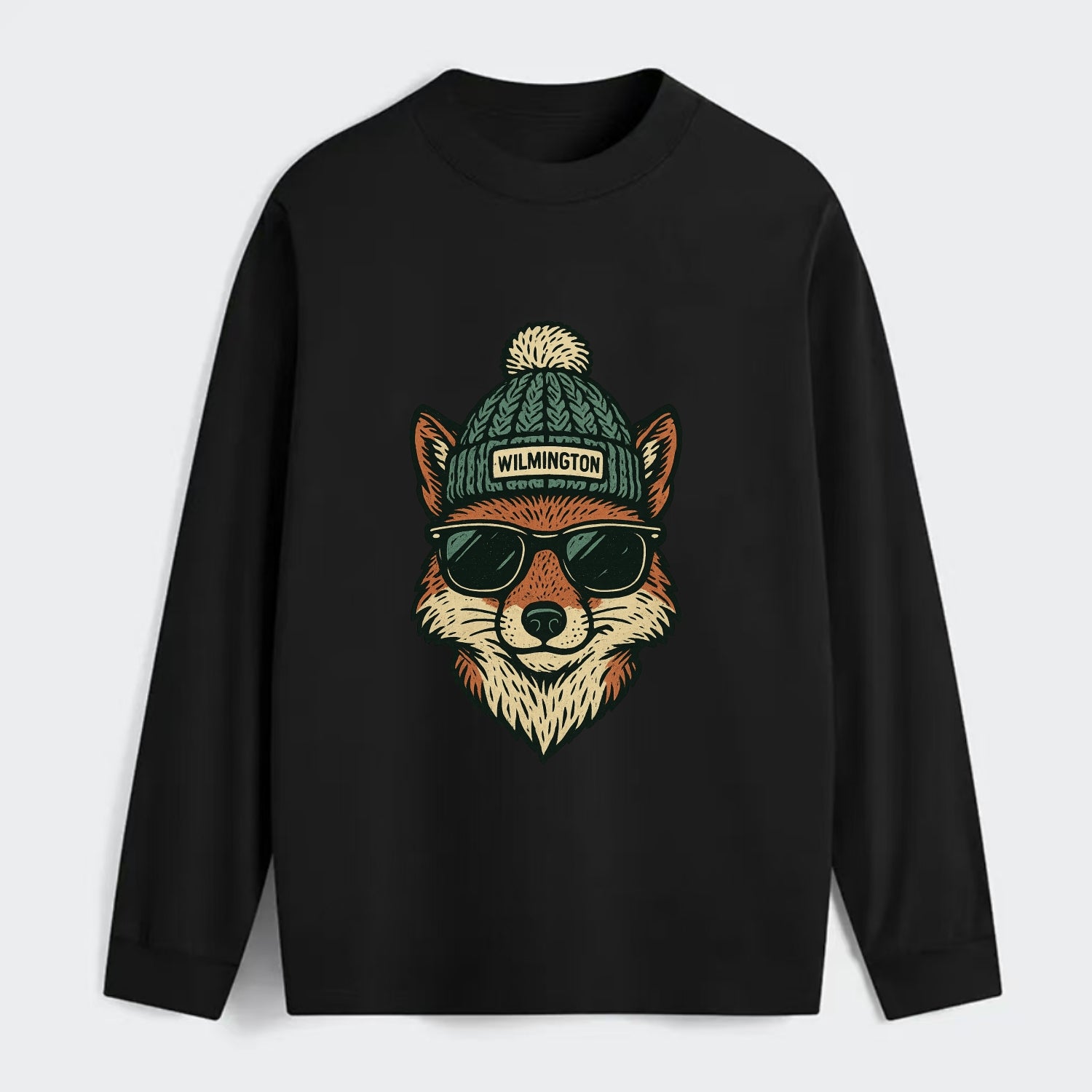 Delaware Gray Fox wearing Wilmington beanie with pom pom and wayfarer - Classic Long Sleeve Shirt - Black