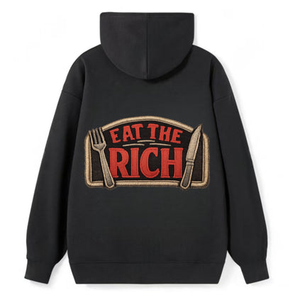 EAT THE RICH - fork and knife with text in red and silver , class war - Classic Pullover Hoodie - Black
