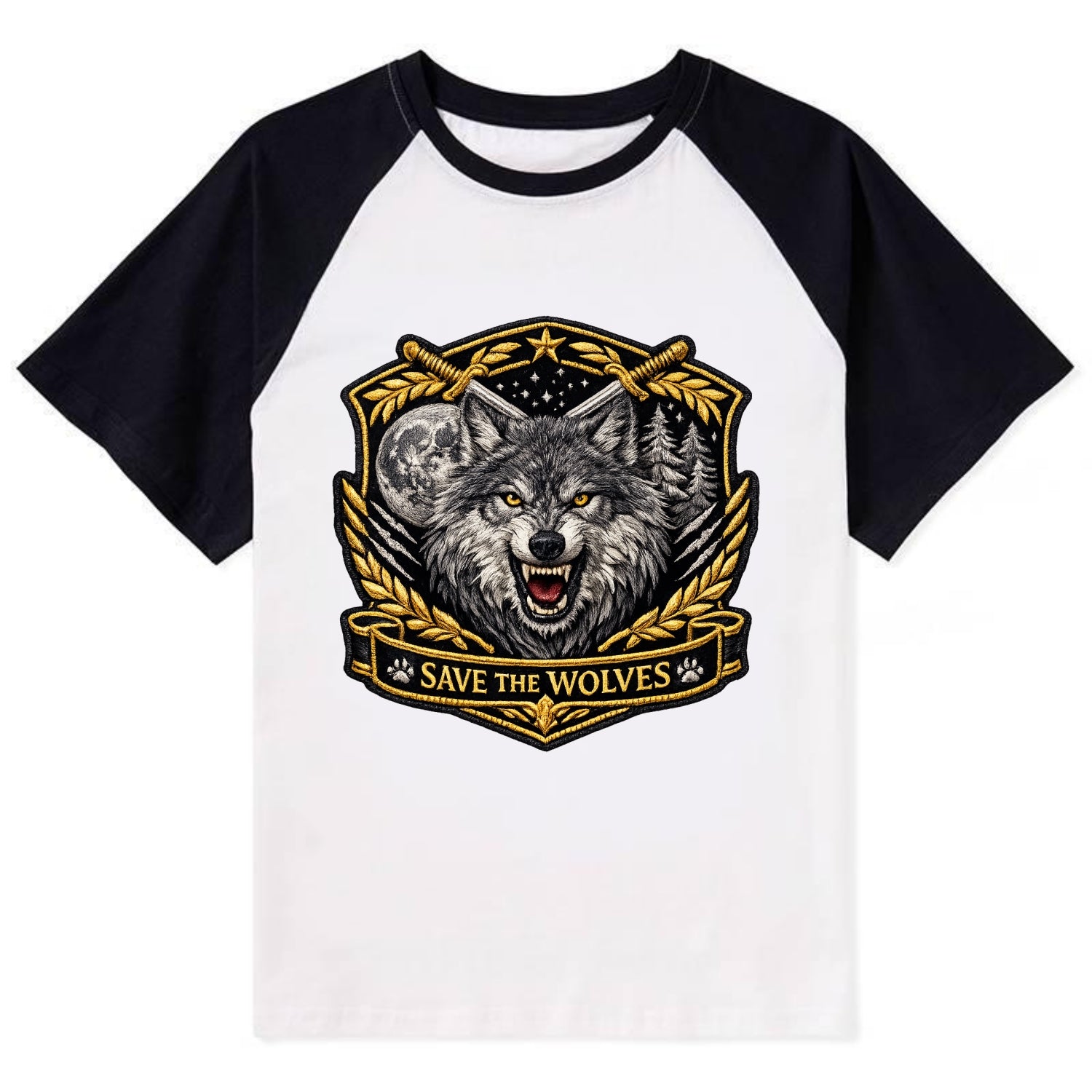 SAVE THE WOLVES - wolf moon in gray , predator protection - Contrast Raglan T-shirt - Black