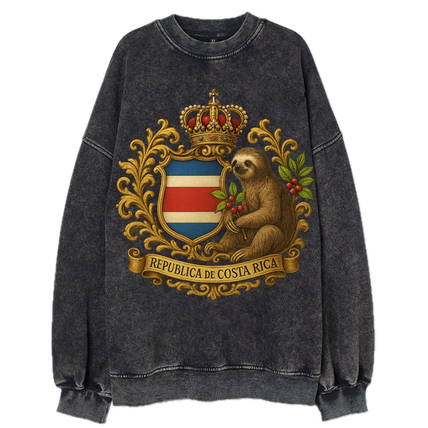 Costa Rica Sloth Emblem  - Vintage Sweatshirt - Black