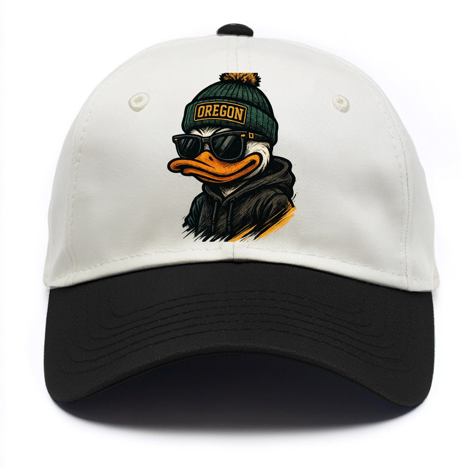 Eugene Duck wearing Oregon beanie with O patch - Two Tone Cap - Black