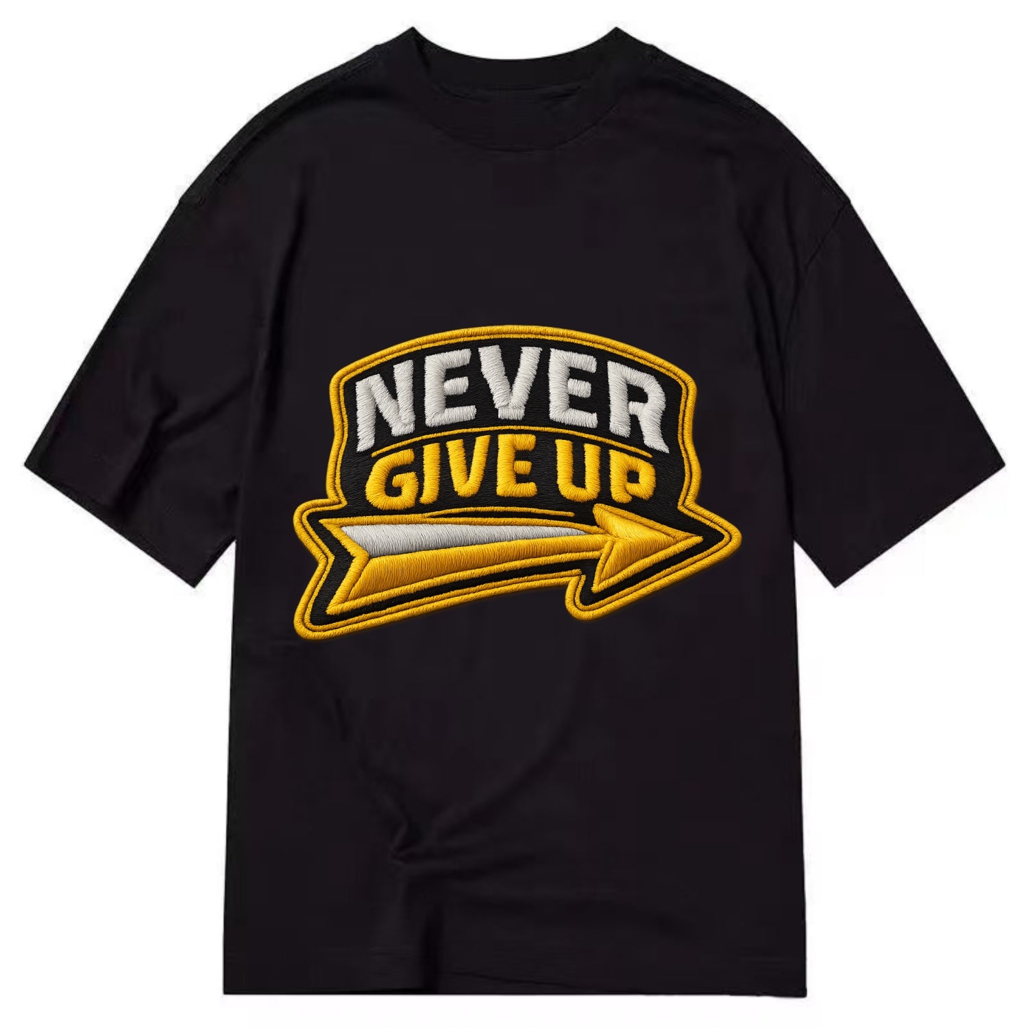 NEVER GIVE UP - bold text with arrow in gold , determination - Classic T-shirt - Black