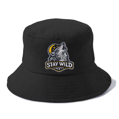 STAY WILD - wolf with text in gray , free spirit - Bucket Hat - Black