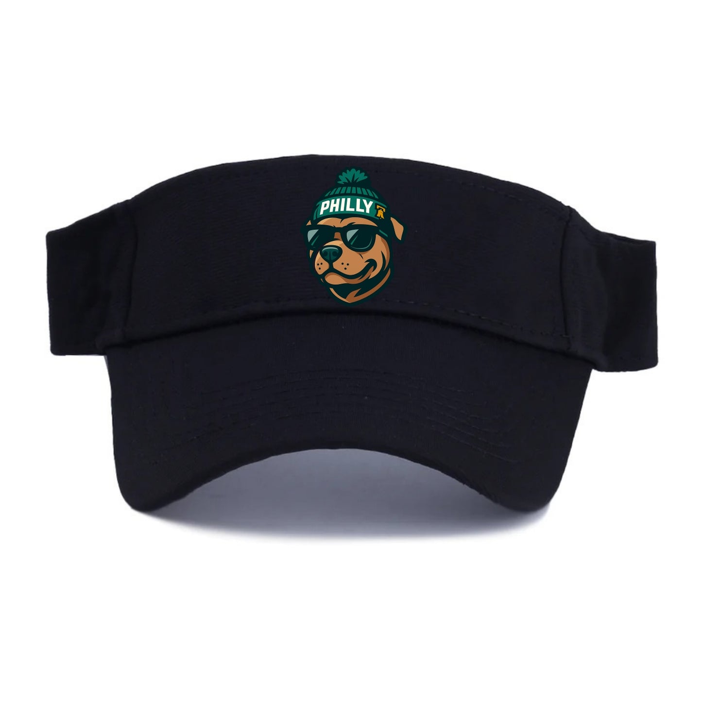 Philly Pitbull wearing Eagles beanie with Liberty Bell patch and wayfarer sunglasses - Visor - Black