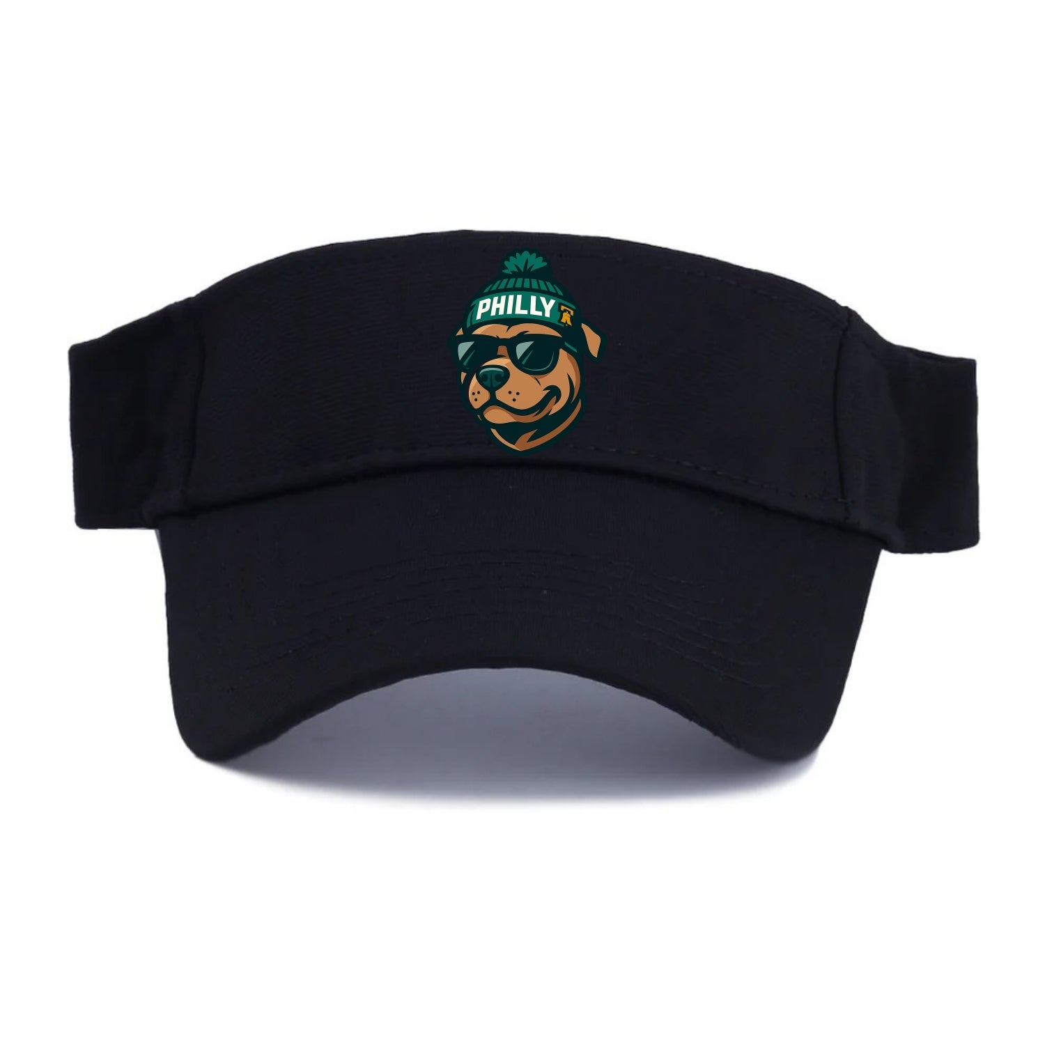 Philly Pitbull wearing Eagles beanie with Liberty Bell patch and wayfarer sunglasses - Visor - Black
