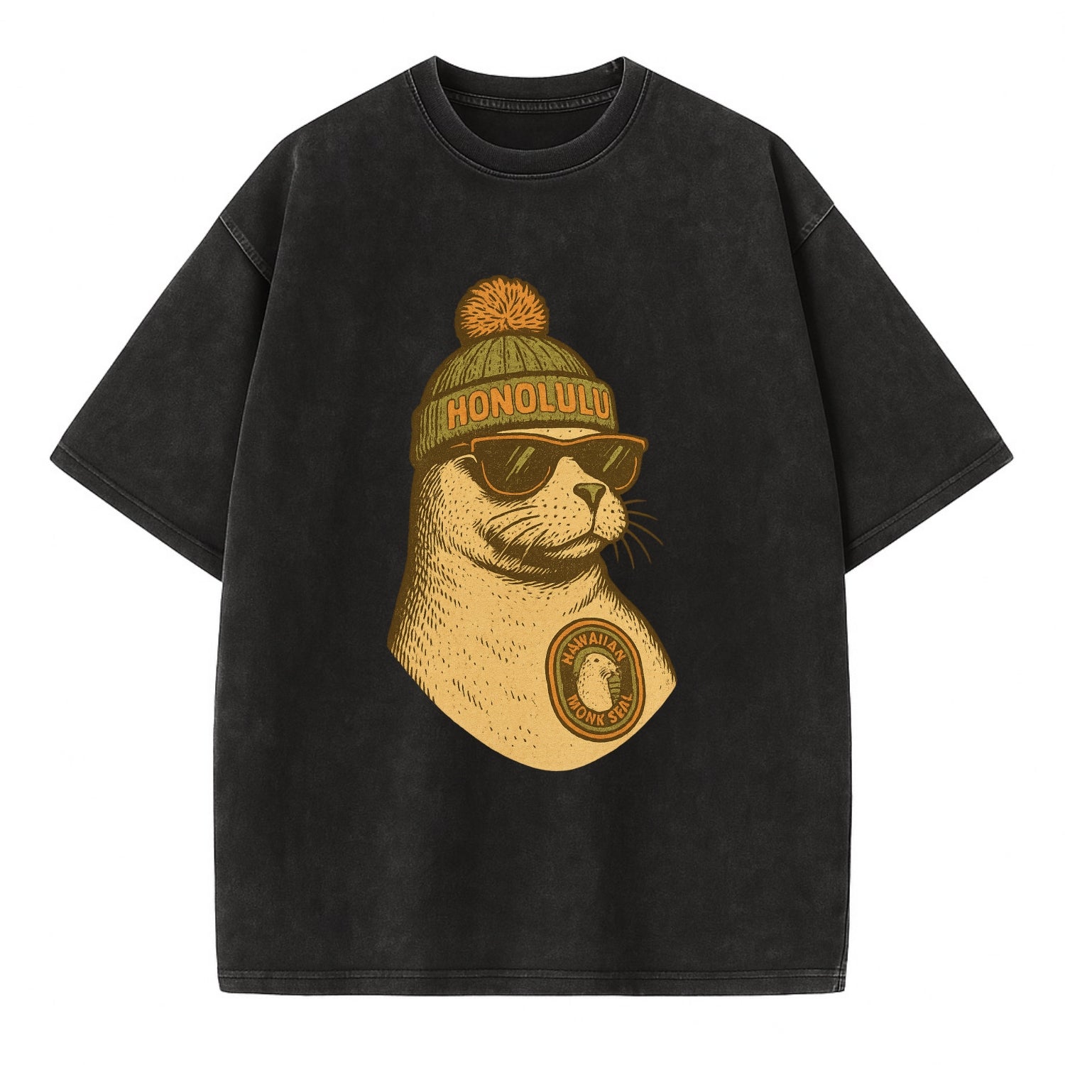 Hawaii Monk Seal wearing Honolulu beanie with pom pom and wayfarer sunglasses - Vintage T-shirt - Black