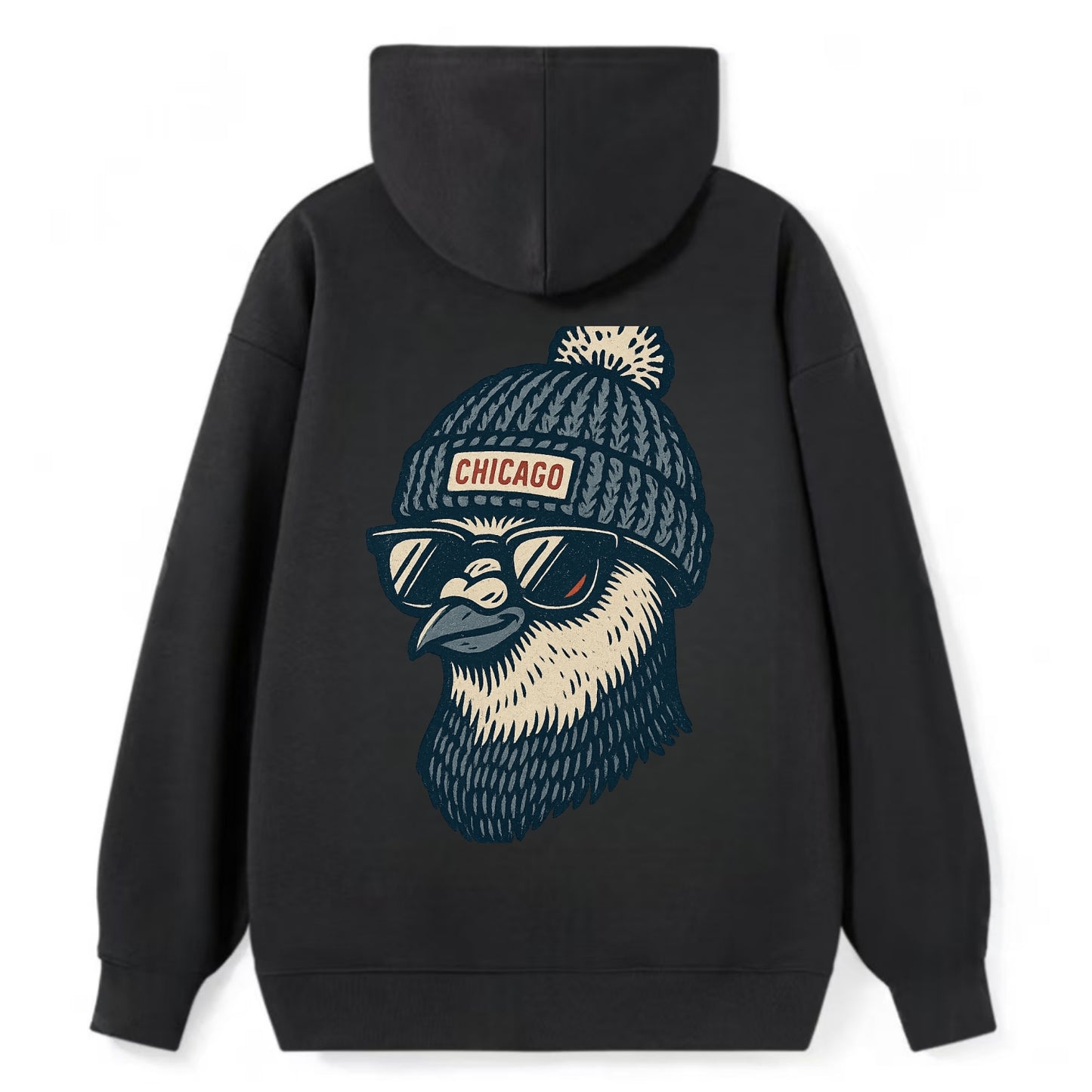 Chicago Pigeon wearing Chicago beanie with pom pom and wayfarer sunglasses - Classic Pullover Hoodie - Black