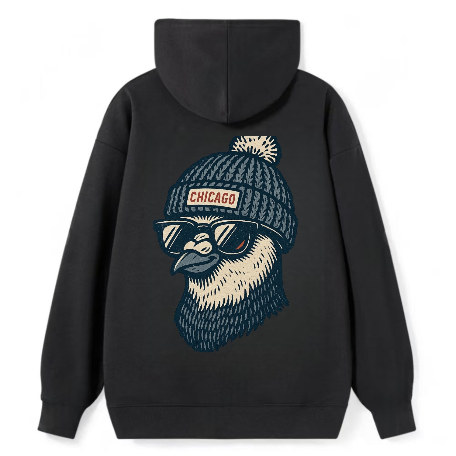 Chicago Pigeon wearing Chicago beanie with pom pom and wayfarer sunglasses - Classic Pullover Hoodie - Black